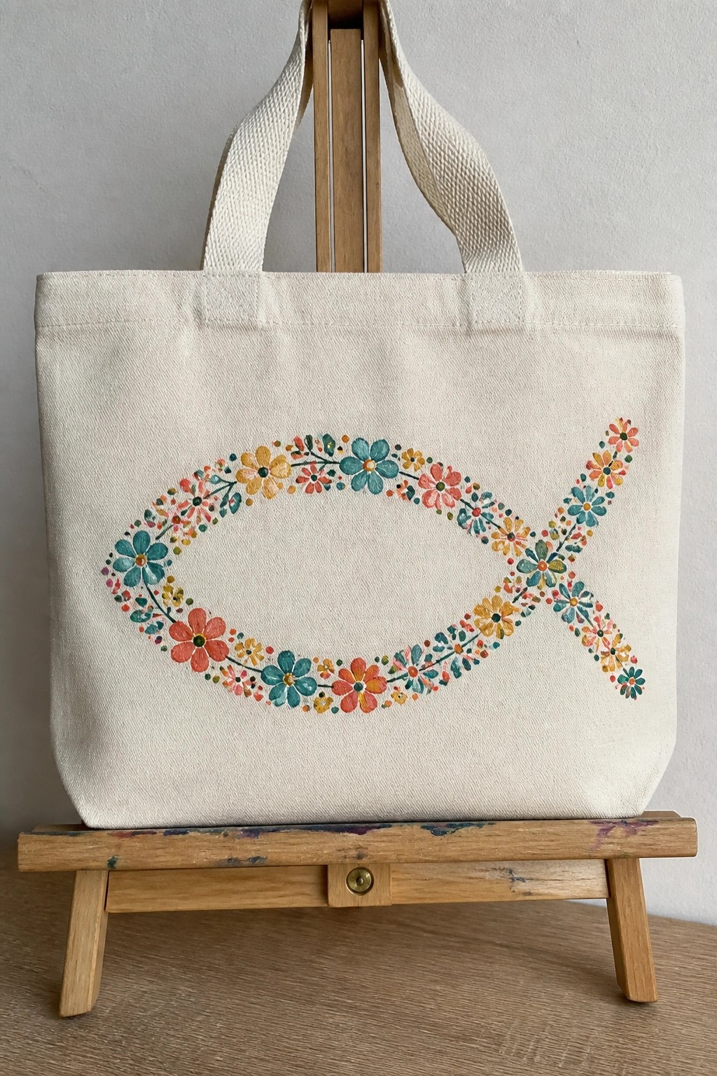 White canvas tote bag with colorful floral fish design on wooden easel