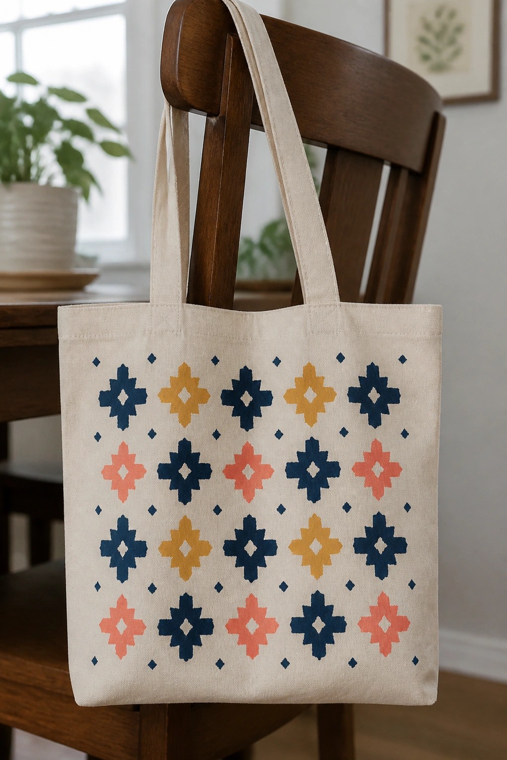 Cream tote bag with blue, yellow, and coral geometric patterns on wooden chair.
