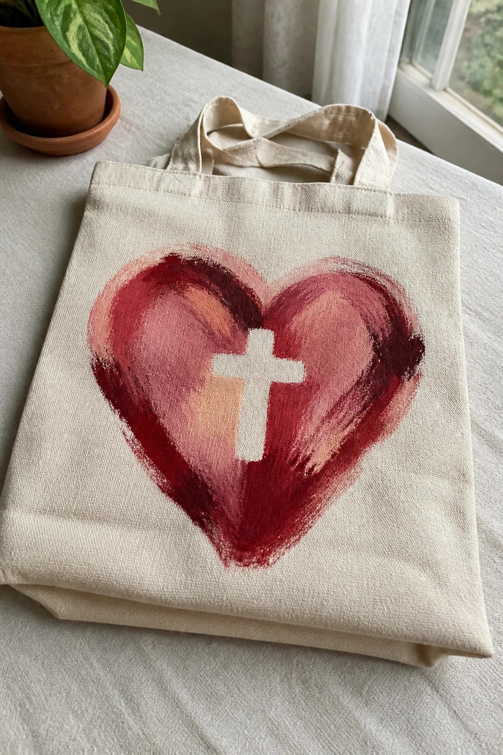 Canvas tote bag with red heart and white cross near potted plant