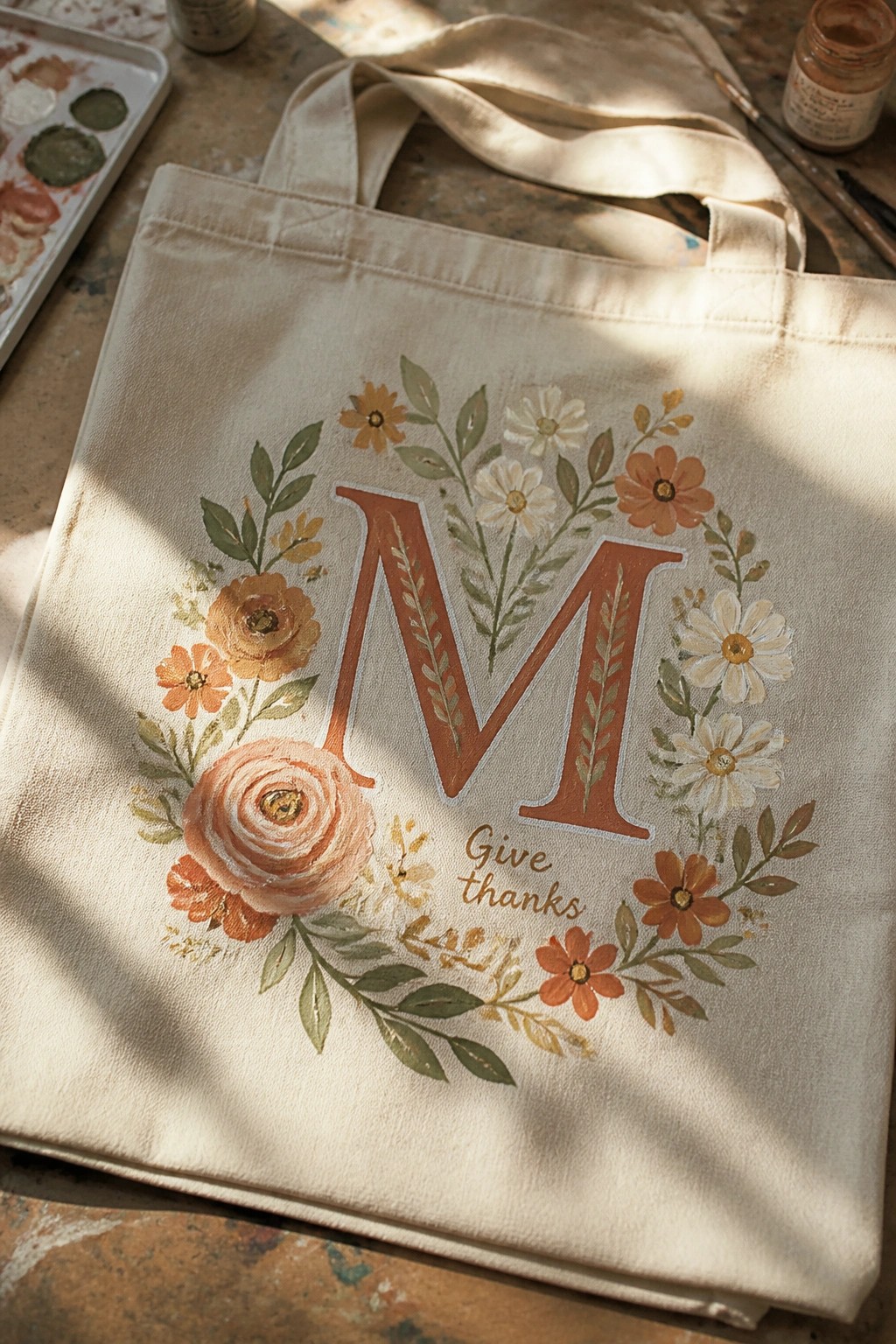 Cream canvas tote bag with painted floral wreath around large terracotta M and 