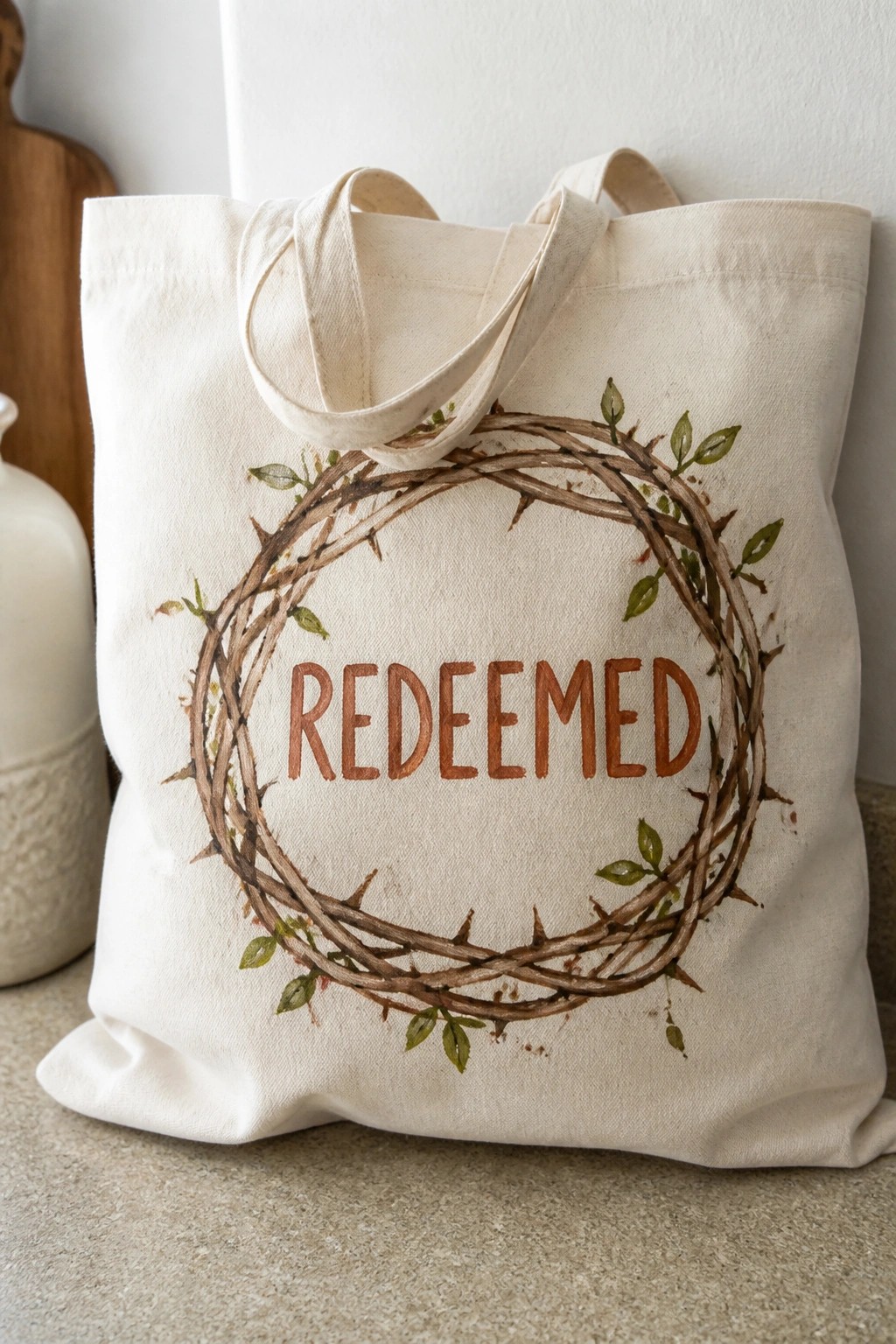 Beige canvas tote bag with watercolor crown of thorns wreath and 