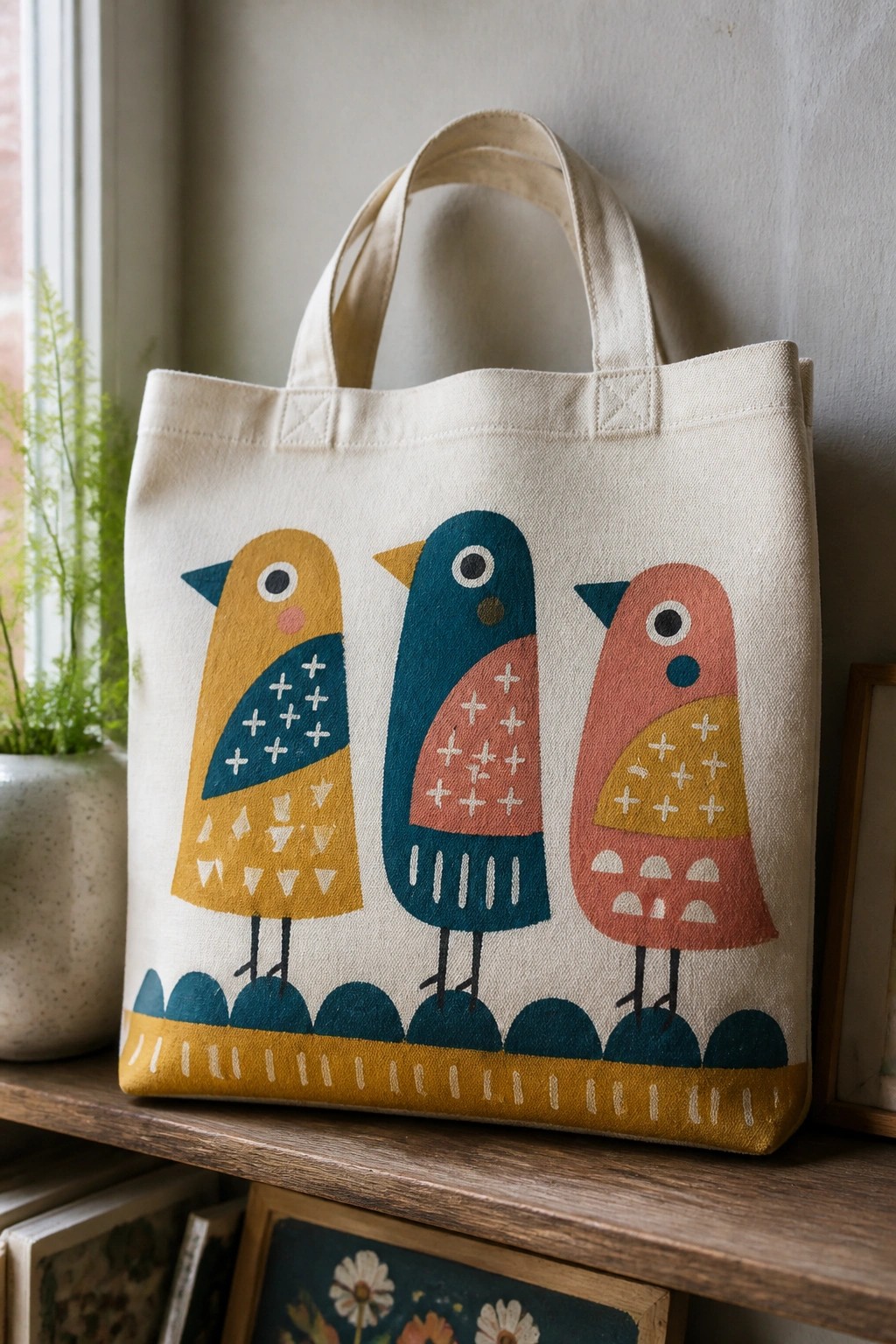 Cream canvas tote bag with three colorful folk-art birds on wooden shelf.