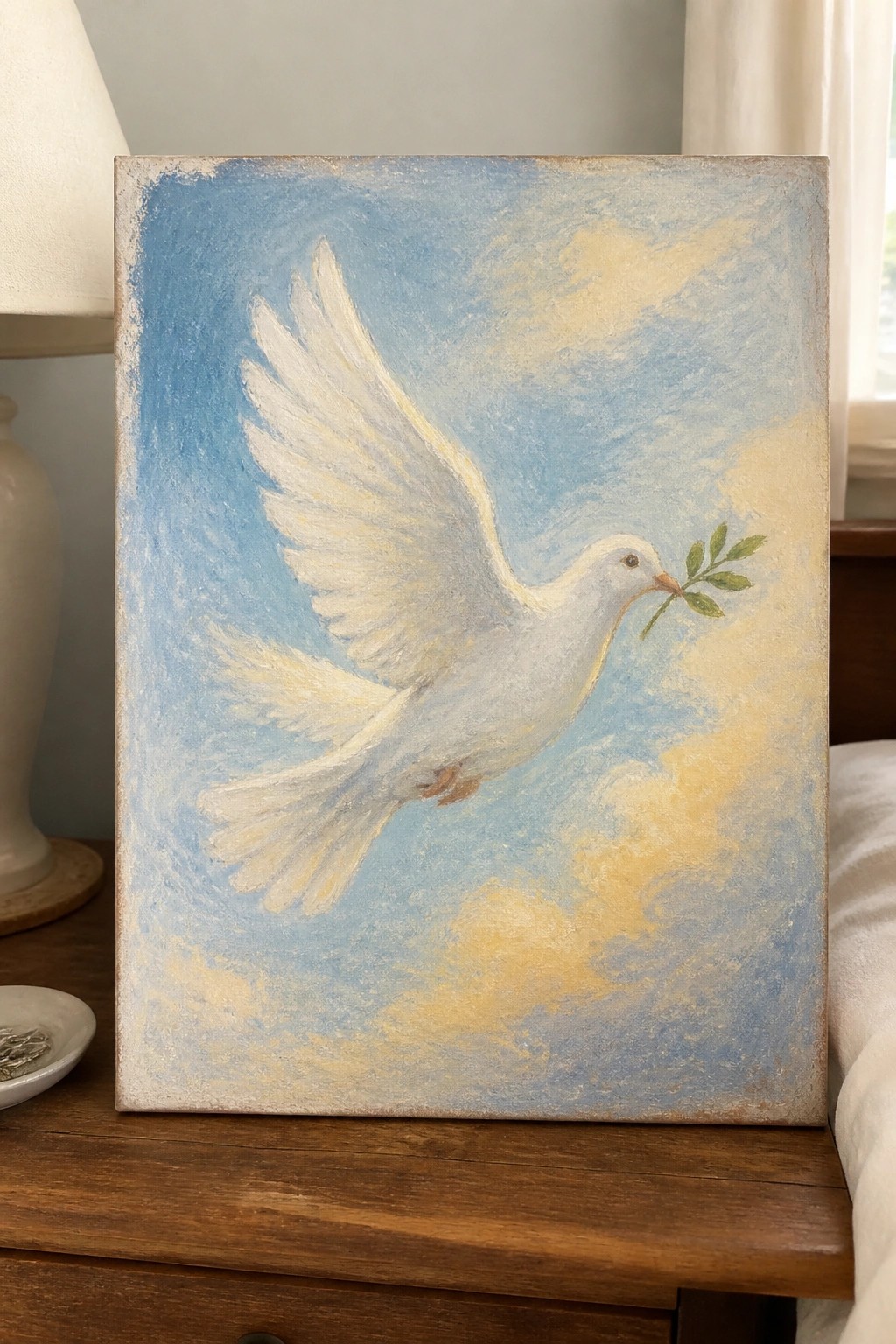 White dove in flight holds olive branch against swirling blue and yellow sky on canvas.