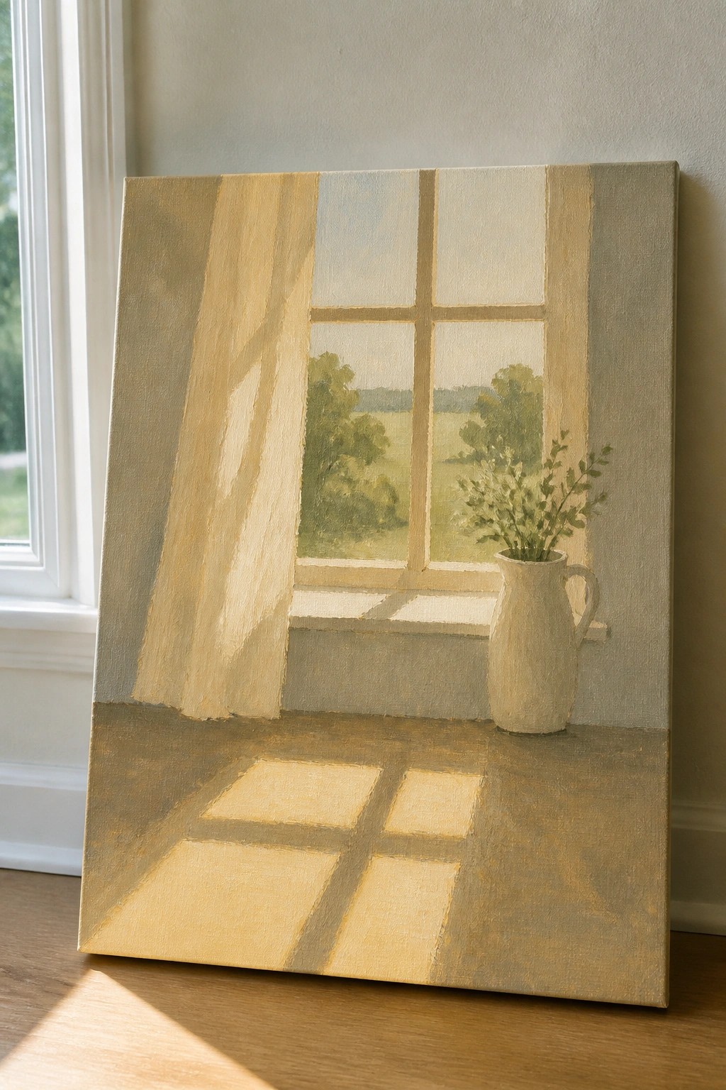 Painting of sunlit window with white pitcher, shadows on floor, and landscape view.