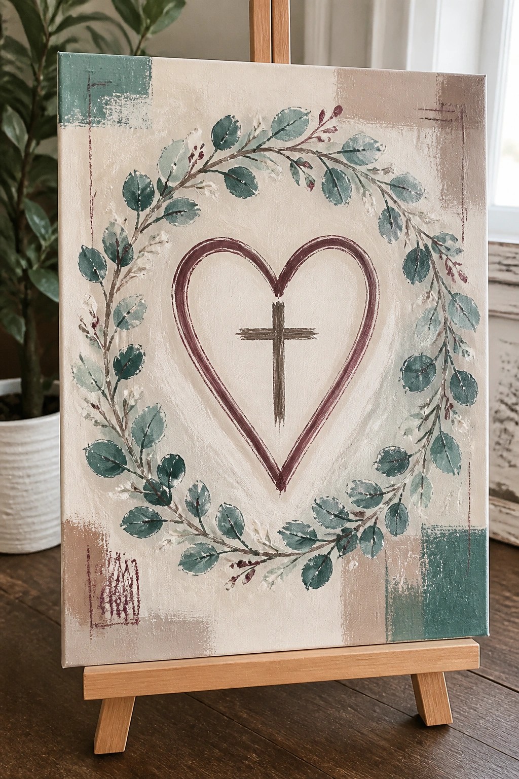 Canvas on easel with maroon heart, cross, and green leaf wreath painting