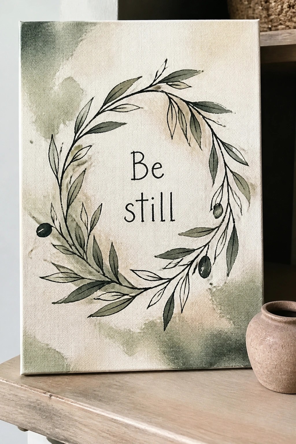 Canvas with green olive wreath and 
