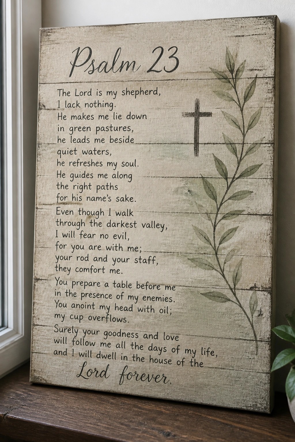 Rustic wooden sign with Psalm 23 text, cross, and green leaves on windowsill
