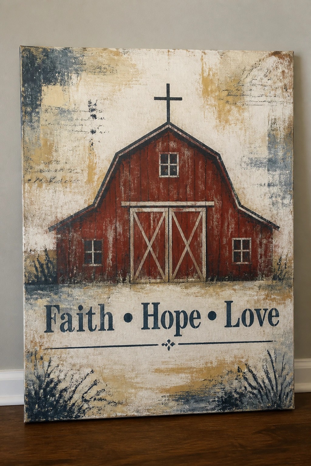 Rustic red barn with cross on roof above Faith Hope Love text on canvas