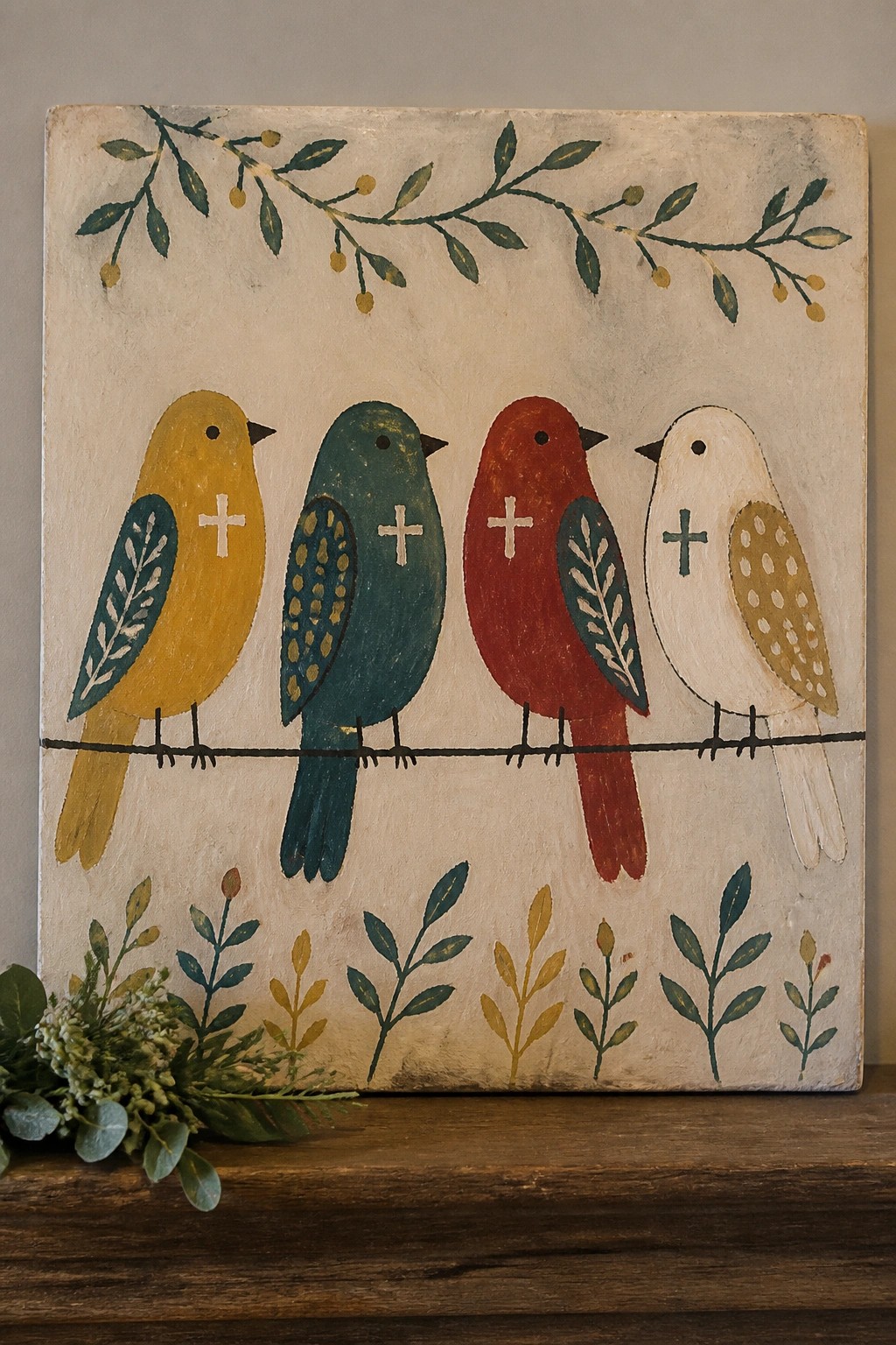 Four colorful birds with crosses perched on wire amid painted leafy branches.