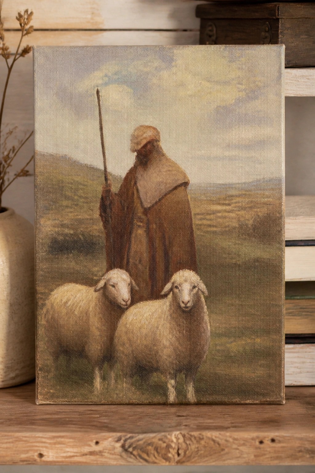 Painting of robed shepherd with staff beside two sheep in rural landscape