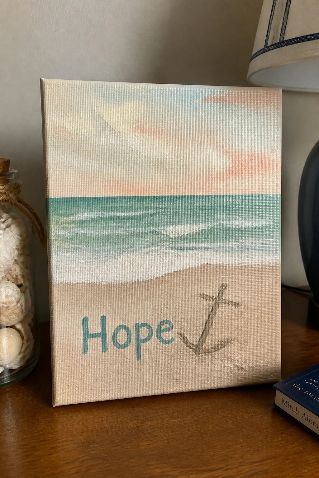 Canvas painting of beach with teal waves, pastel sky, Hope text and anchor