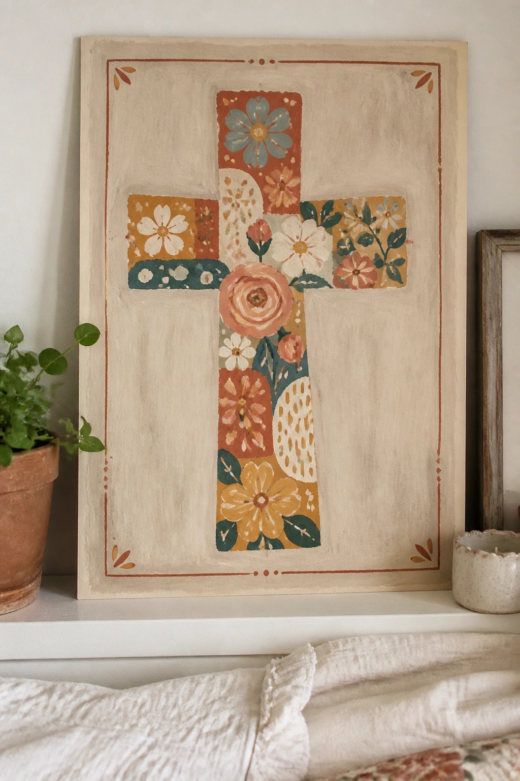 Floral cross painting in warm tones on shelf beside potted plant and candle holder