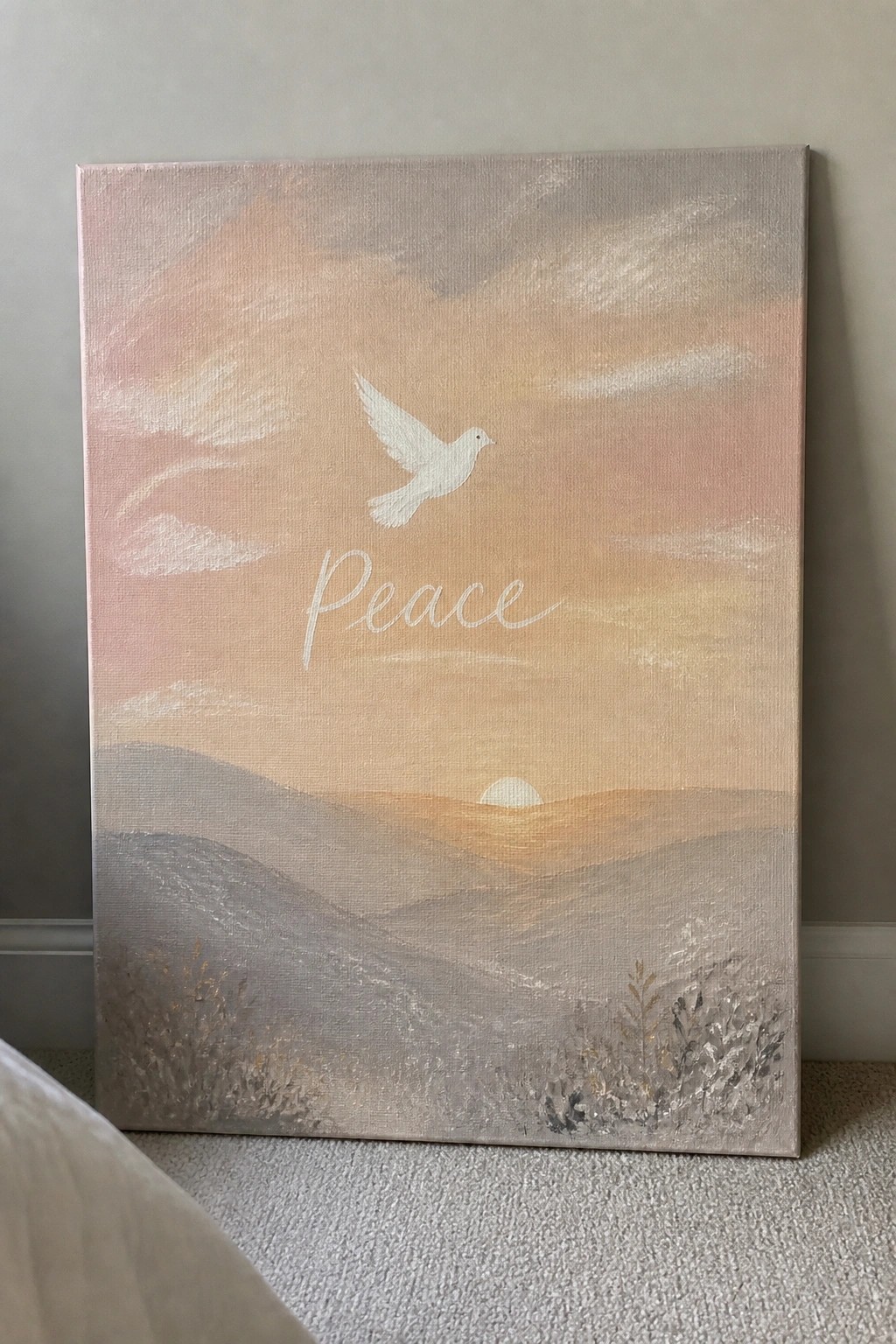 Canvas painting of white dove over pastel sunset hills with cursive 