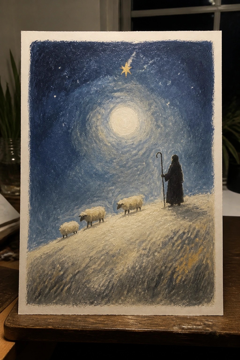 Shepherd with staff and three sheep on hill under swirling blue sky with bright star
