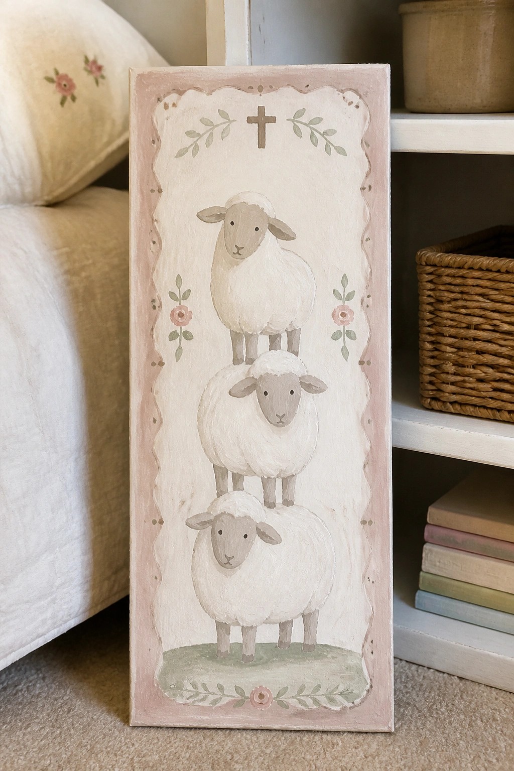 Pink-framed wooden plaque with three stacked white sheep, cross, and floral accents.