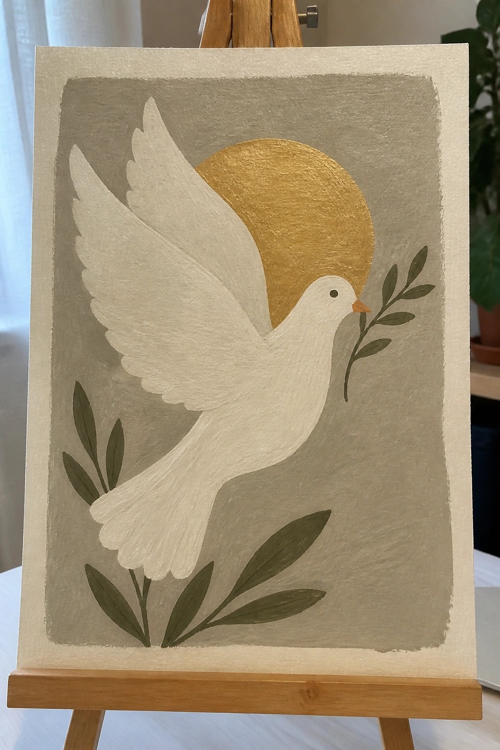White dove in flight with olive branch, golden circle on sage-green textured background.