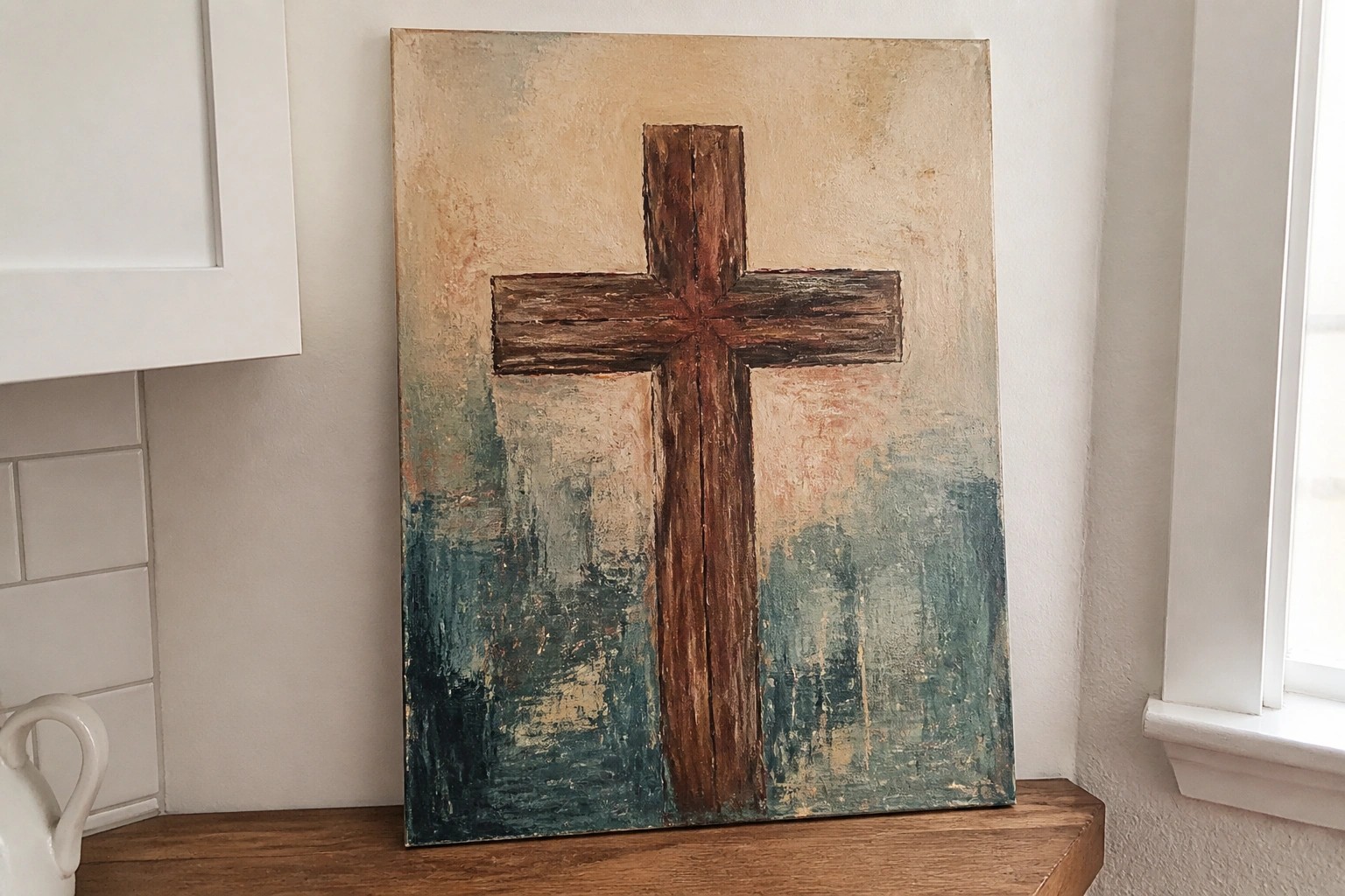 Rustic wooden cross centered on textured canvas with earthy beige and green tones