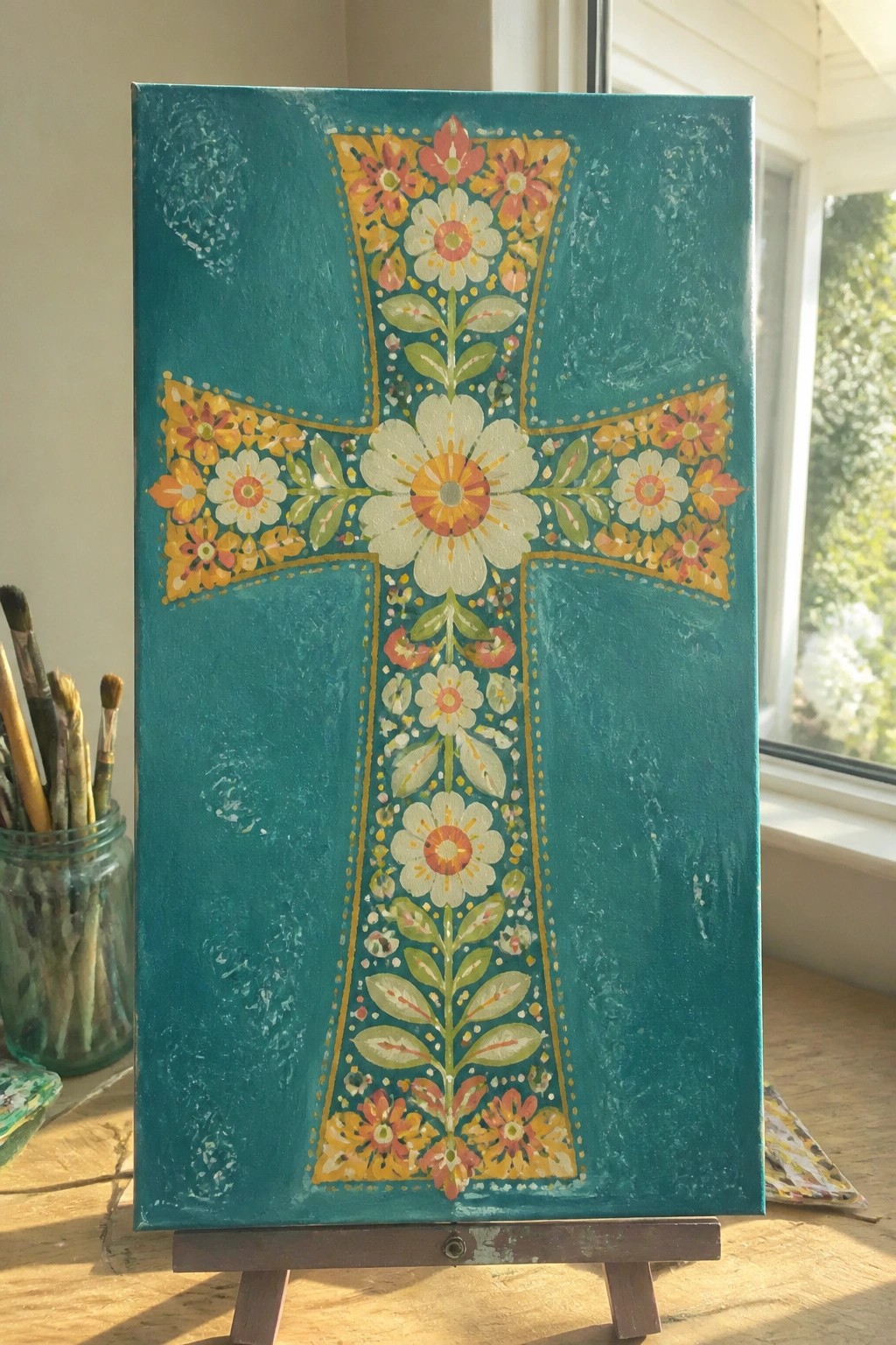 Teal canvas with colorful floral cross on wooden easel near paintbrushes and window.