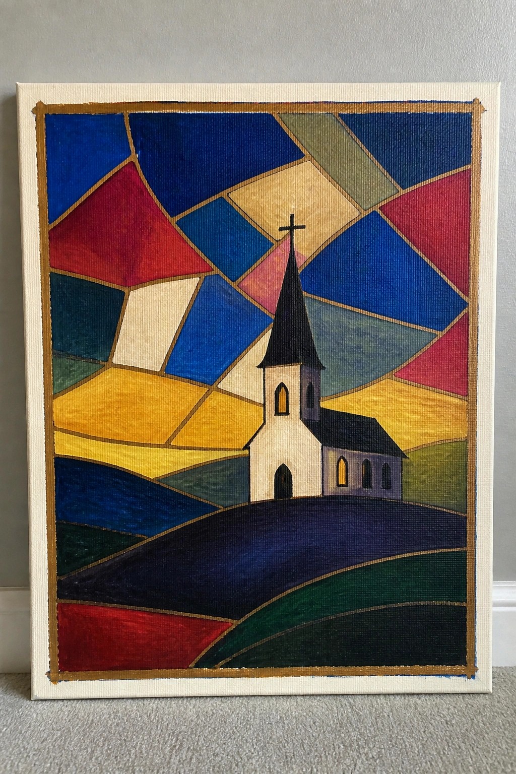 Abstract stained-glass style painting of white church with steeple amid vibrant geometric shapes