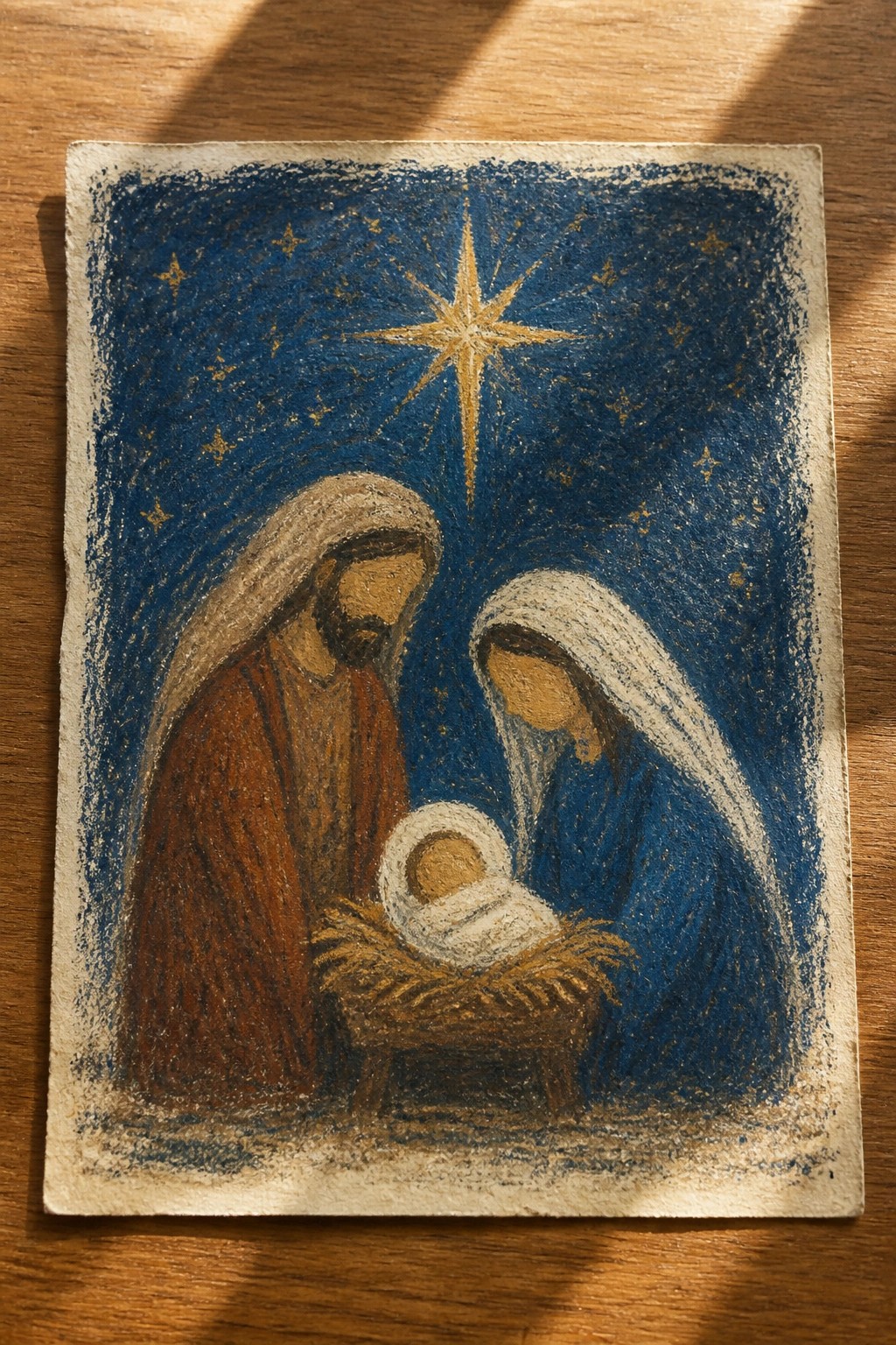 Nativity painting of Mary in blue, Joseph in brown, and baby under golden star