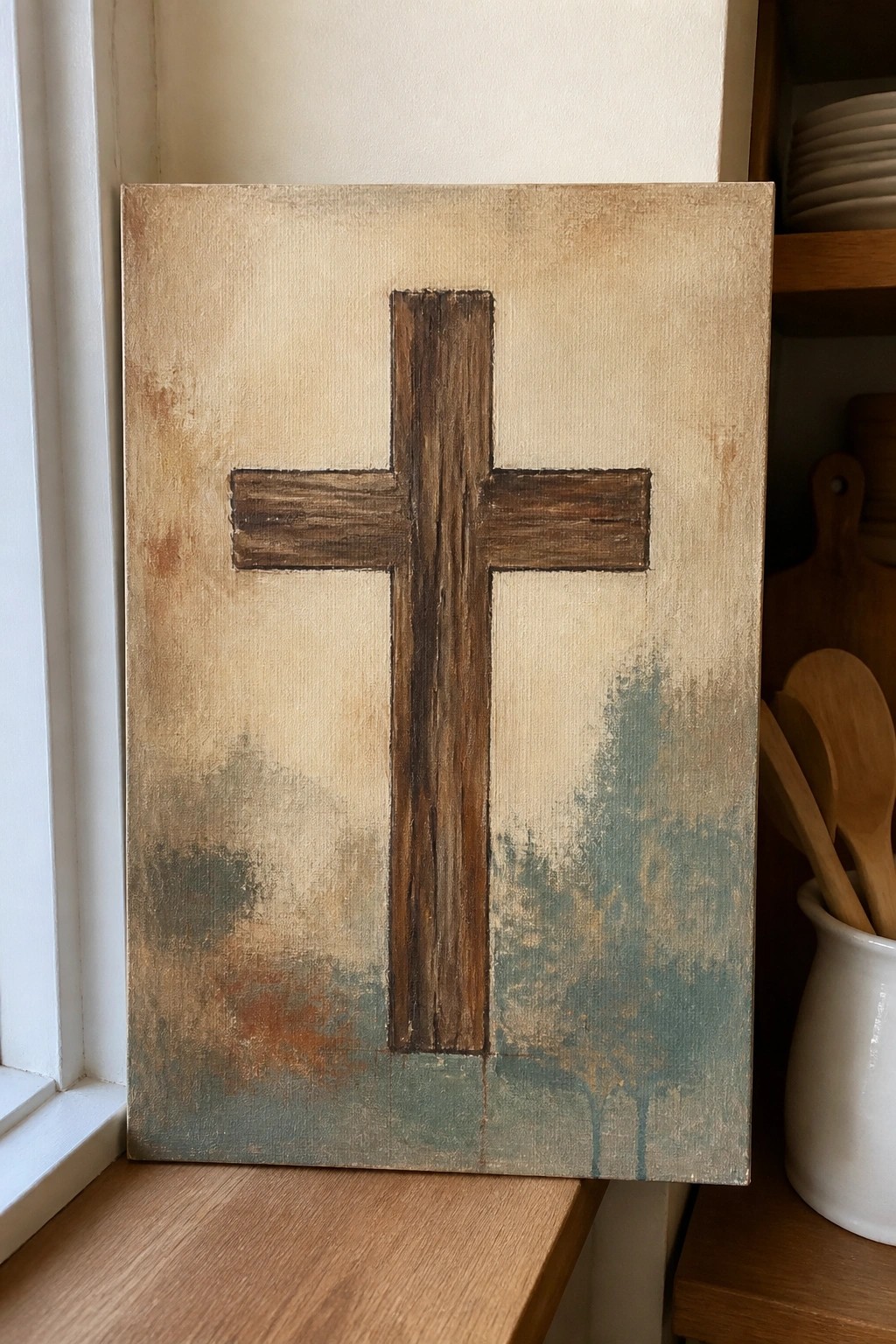 Rustic wooden cross centered on textured canvas with earthy beige and green tones