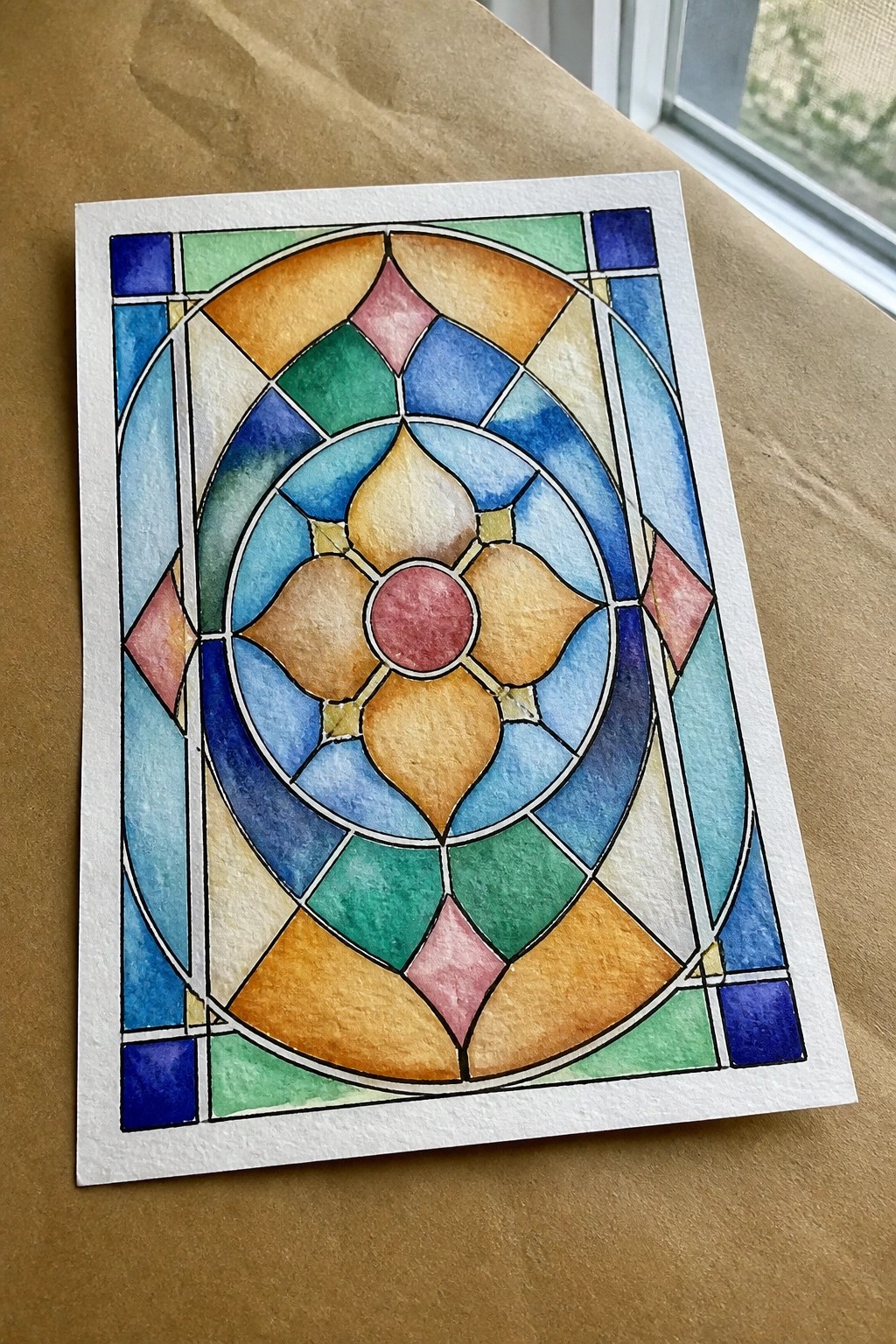 Colorful circular stained glass design in watercolor with blue green orange and pink sections