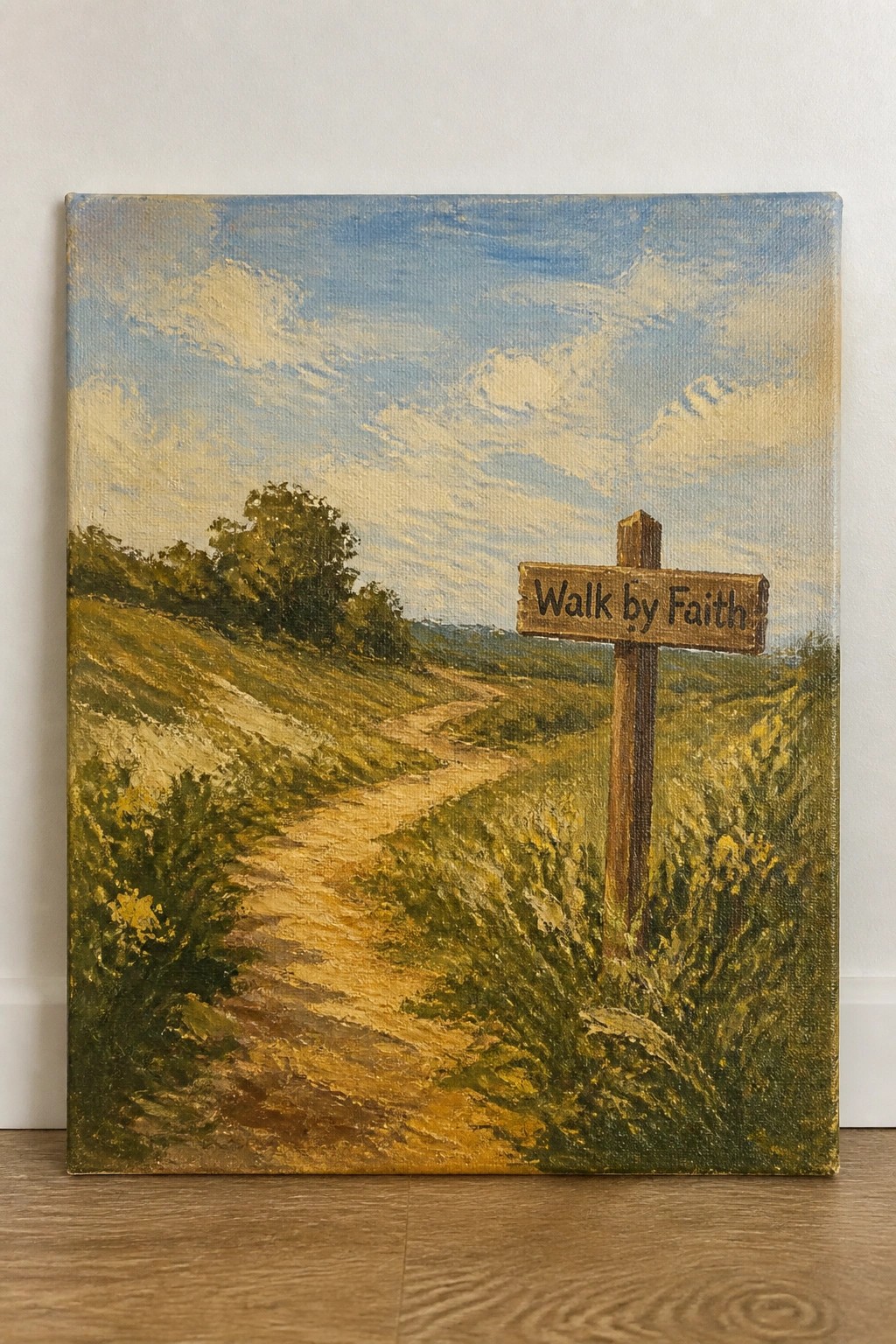 Painted landscape with winding dirt path through green hills and a