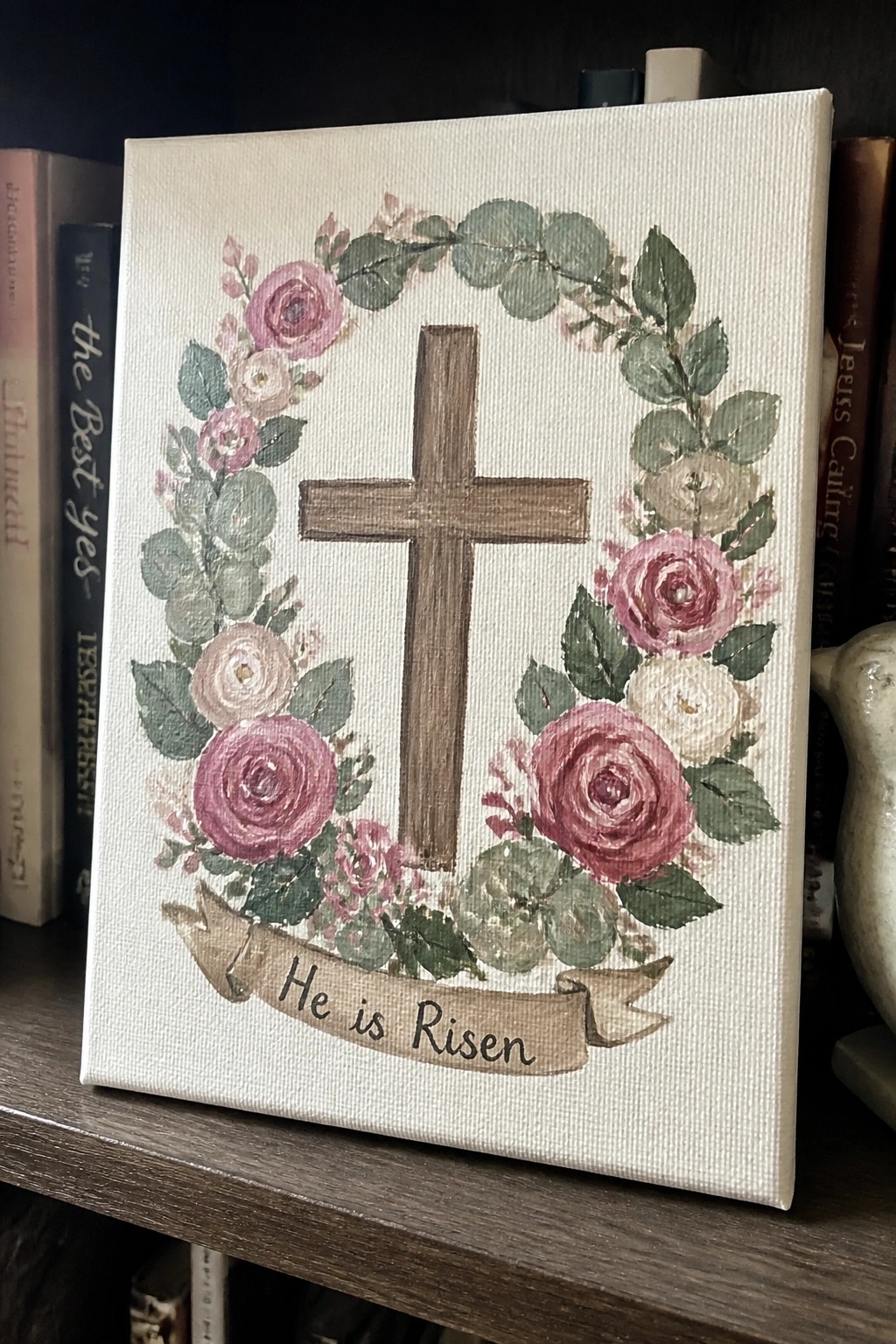 Brown cross in pink rose wreath with