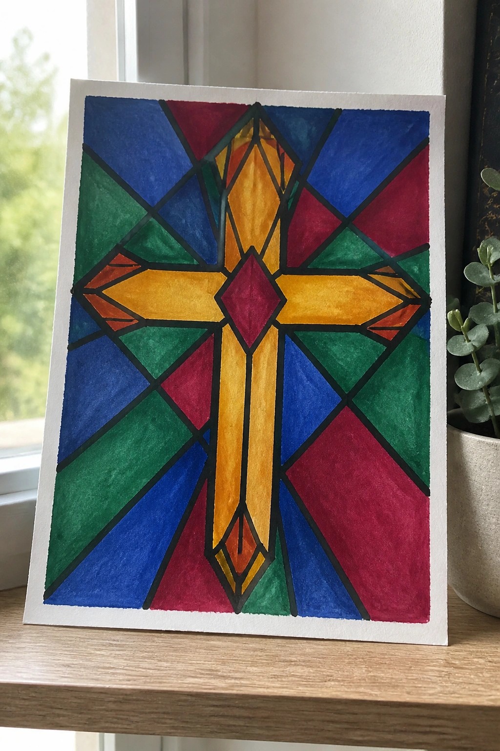 Vivid stained glass style cross in yellow, red, blue, and green hues