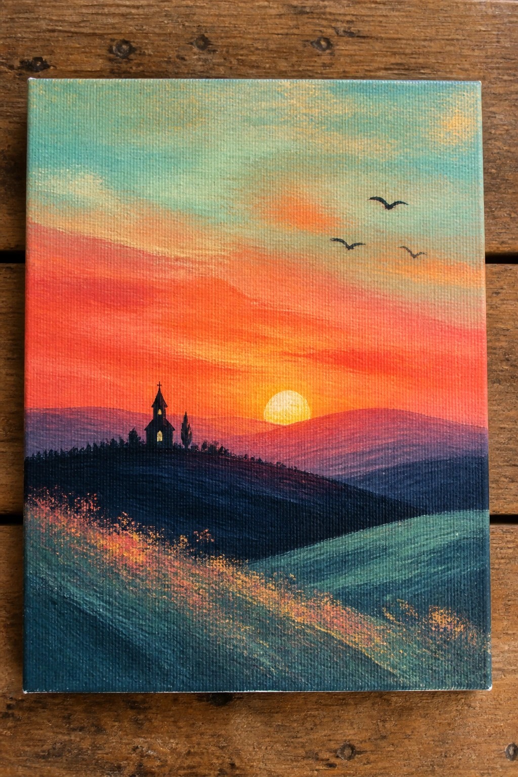 Sunset painting with silhouetted church on hill, birds flying over colorful sky.