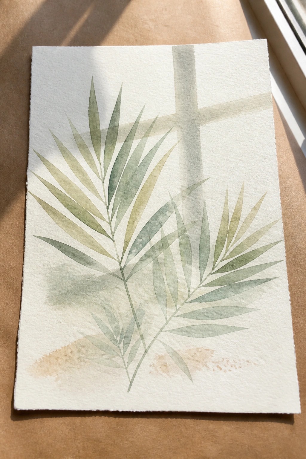 Watercolor palm fronds in soft greens over a faint cross on paper