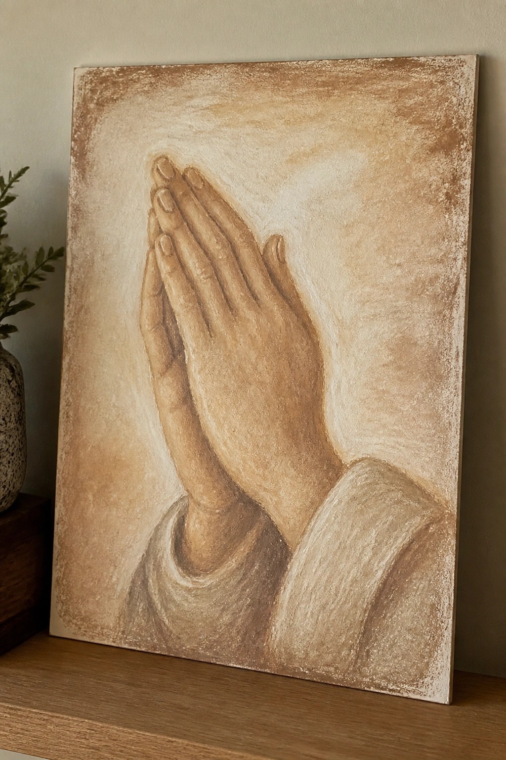 Painted praying hands in warm beige tones with draped sleeve on wooden shelf