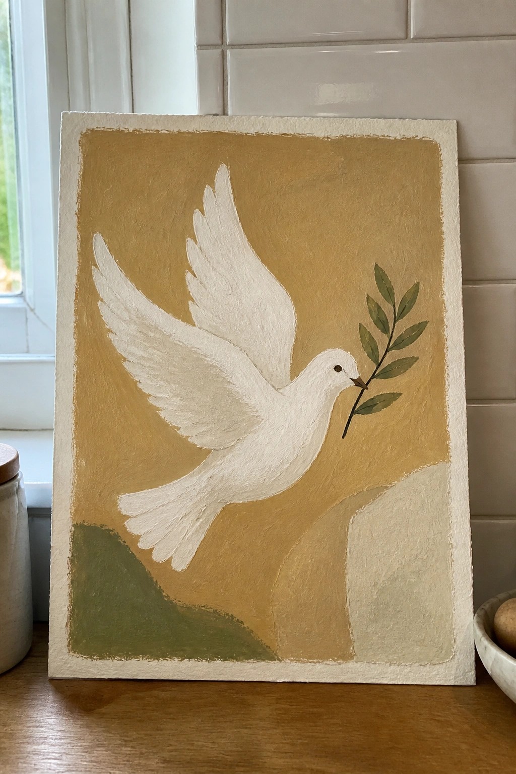 White dove with olive branch flies across golden yellow canvas with abstract shapes below.