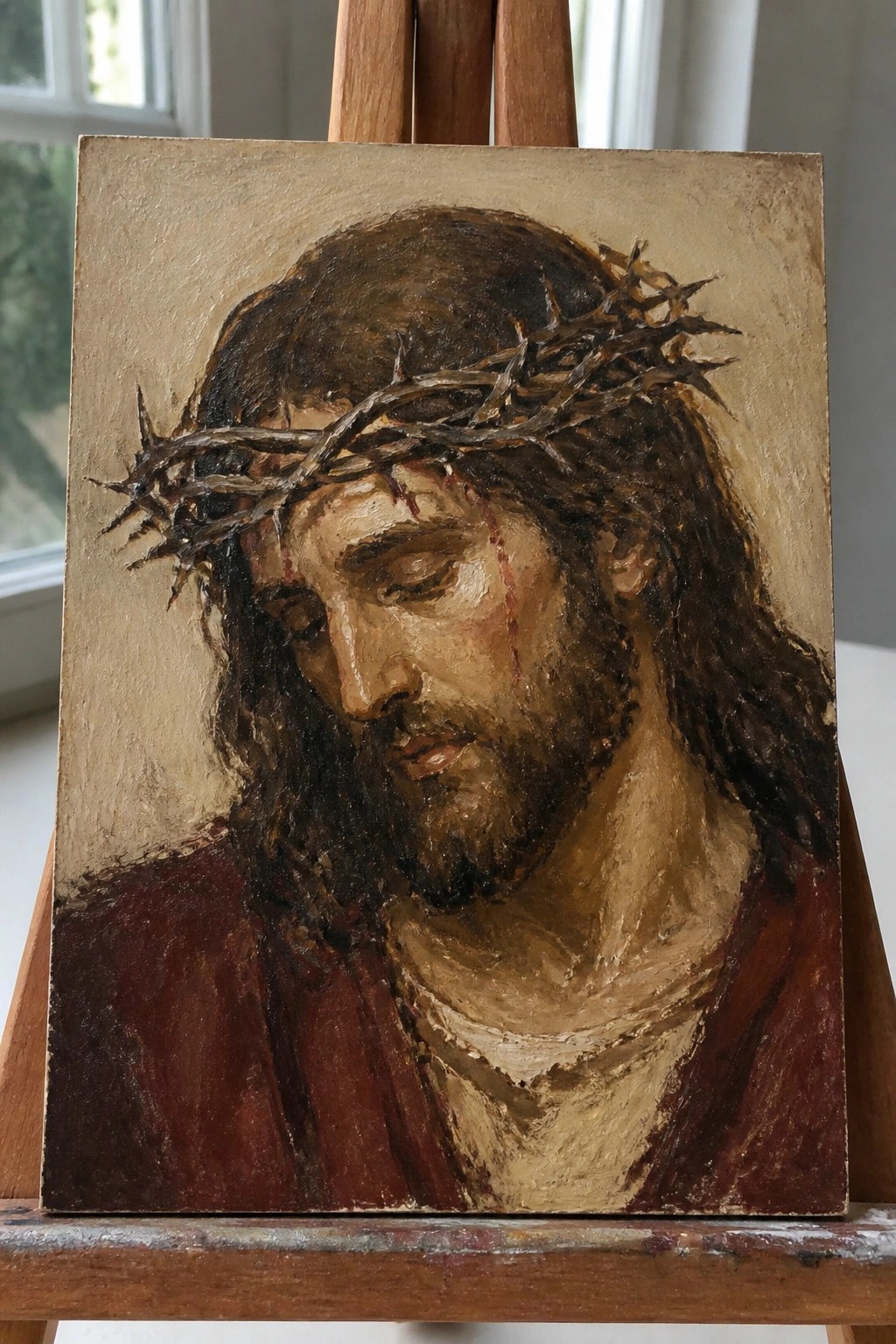 Oil painting on easel of Jesus with crown of thorns, bloodied face and red robe.