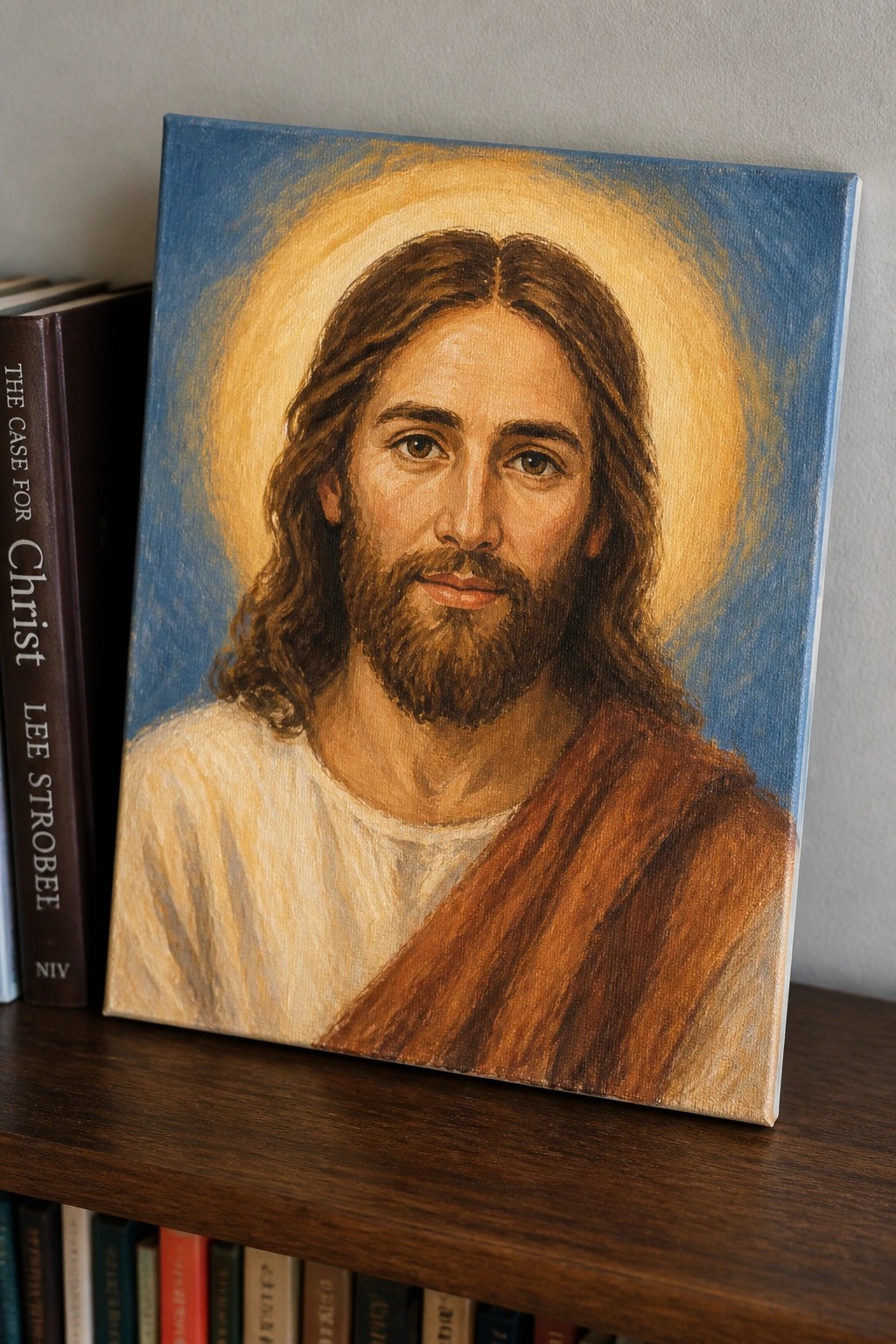 A painted portrait of Jesus Christ with long brown hair and a beard, wearing a white and brown robe, set against a blue background with a golden halo.