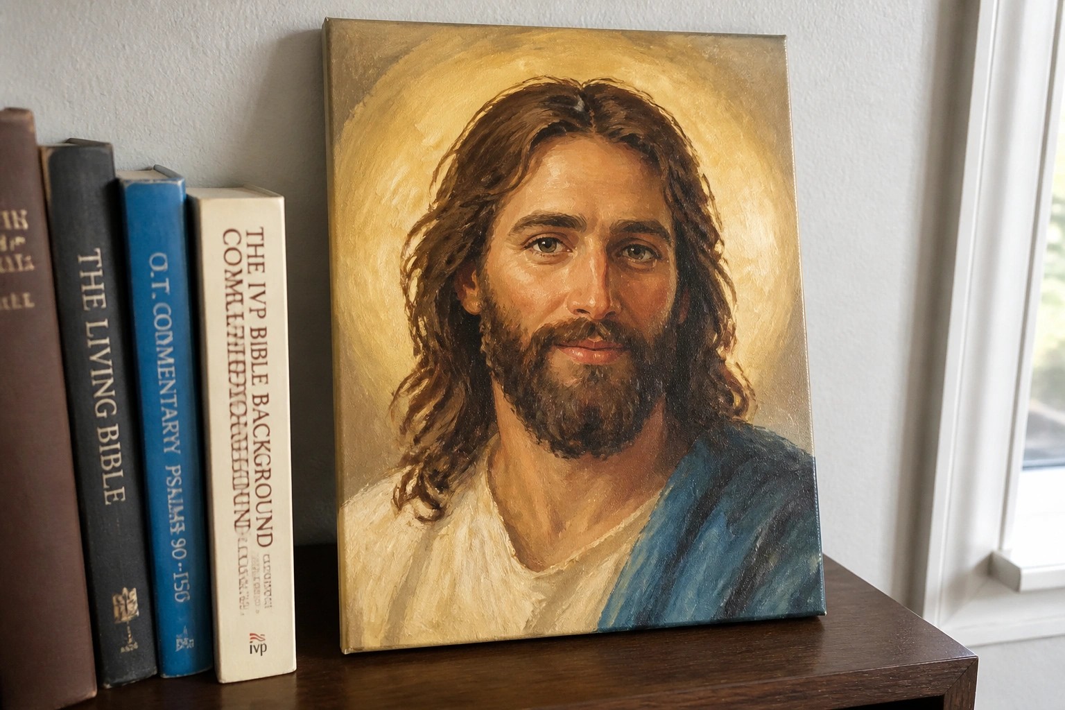 A painted portrait of Jesus Christ with long brown hair and a beard, wearing a white and brown robe, set against a blue background with a golden halo.