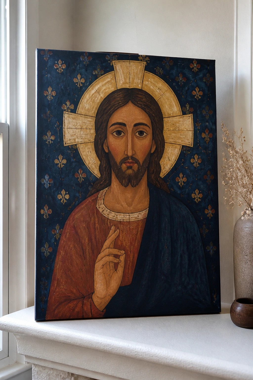 Byzantine icon of Jesus in red-brown robe and blue cloak with golden halo on ledge