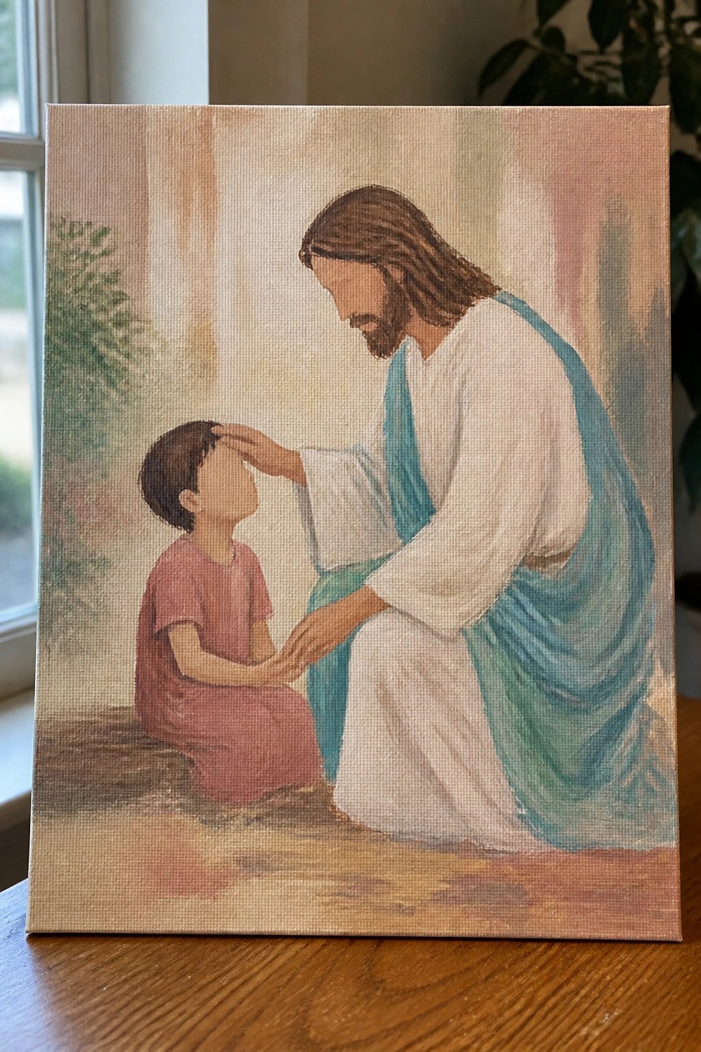 A painting of Jesus in white and teal robes kneeling to touch the forehead of a young child sitting on the floor while holding the child's hand.