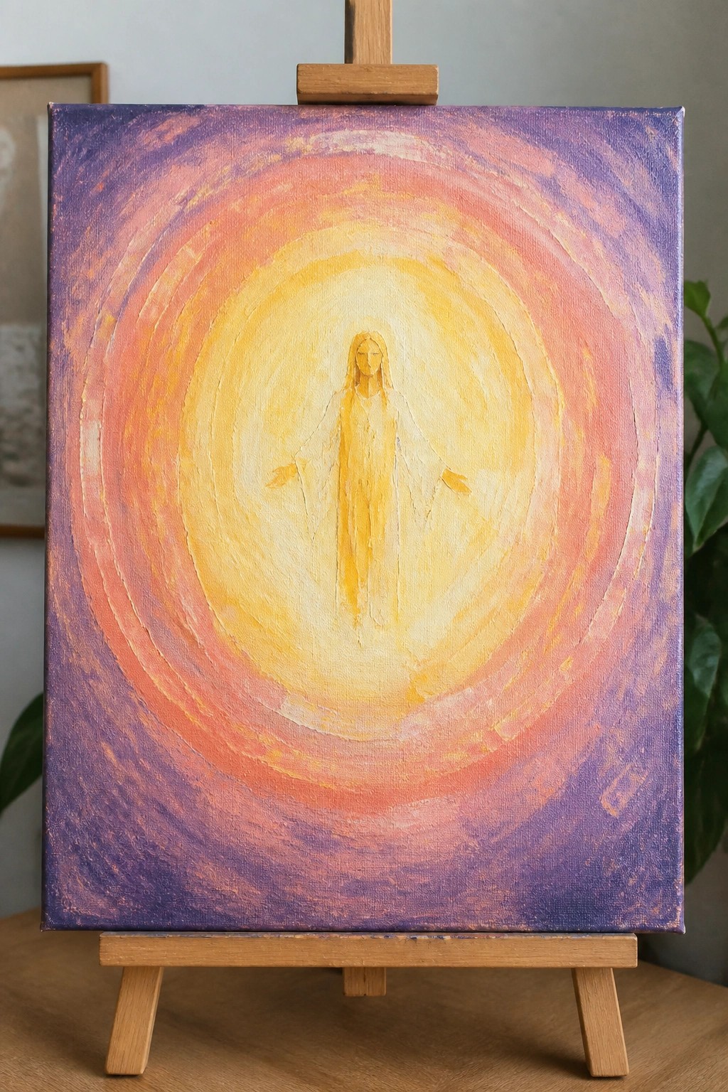 Wooden easel displays canvas with glowing robed figure amid swirling purple-orange circles