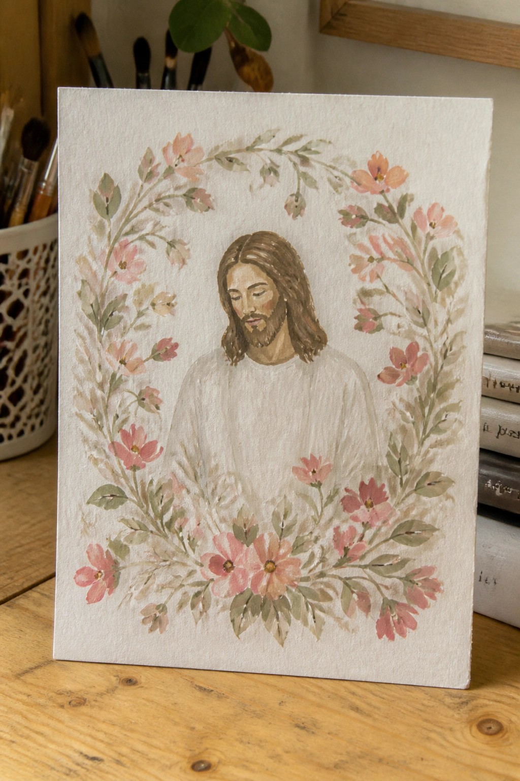 Watercolor painting of Jesus in white robe with closed eyes amid pink floral wreath