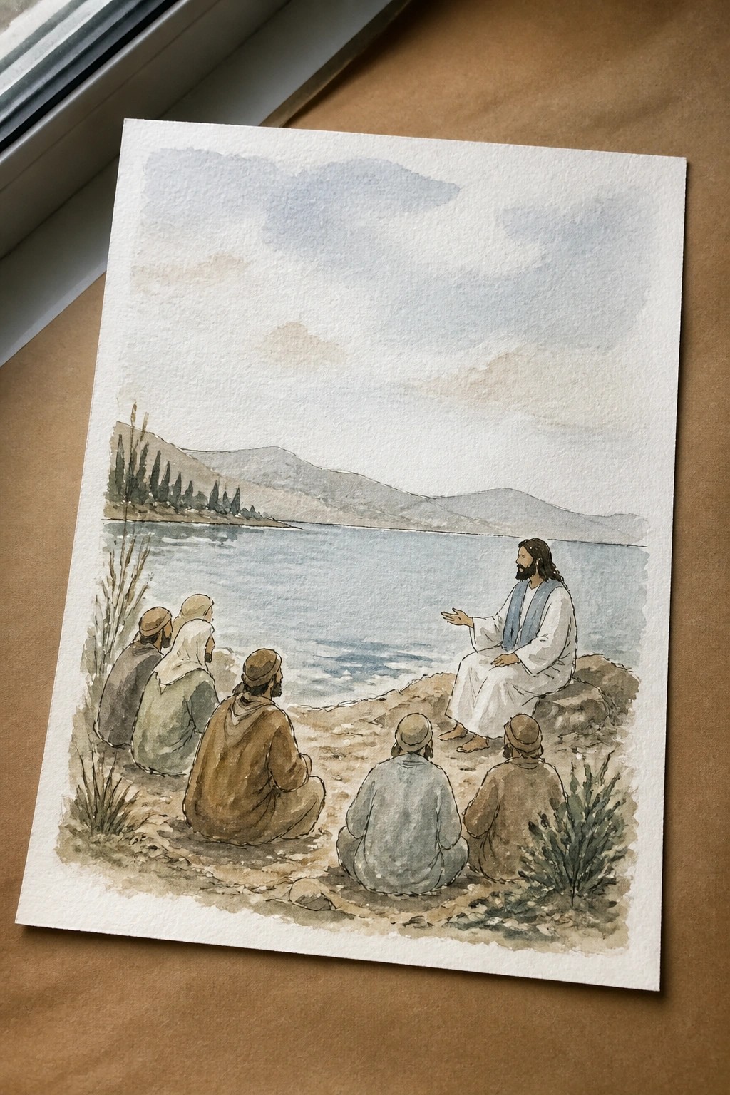 Watercolor of Jesus in white robe with blue sash teaching men on lakeshore by mountains.