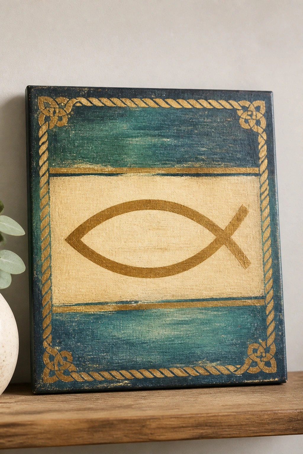 Teal wooden plaque with gold rope border and central fish symbol