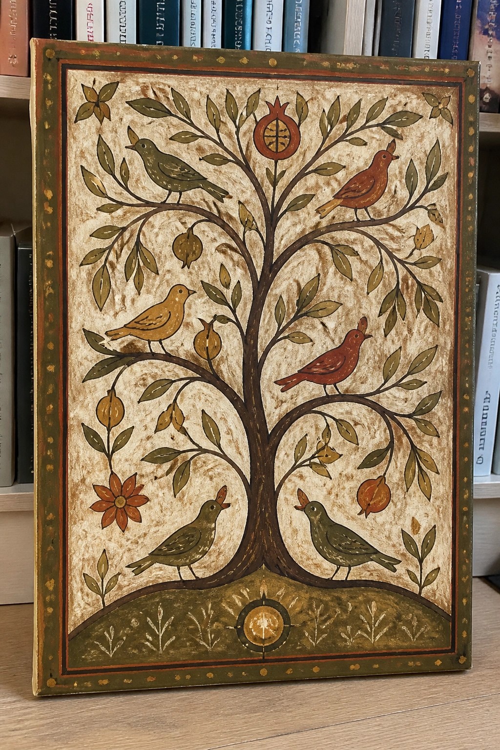 A painted wooden panel showing a stylized tree with birds, pomegranates, leaves, and a flower in earthy tones on a beige background.