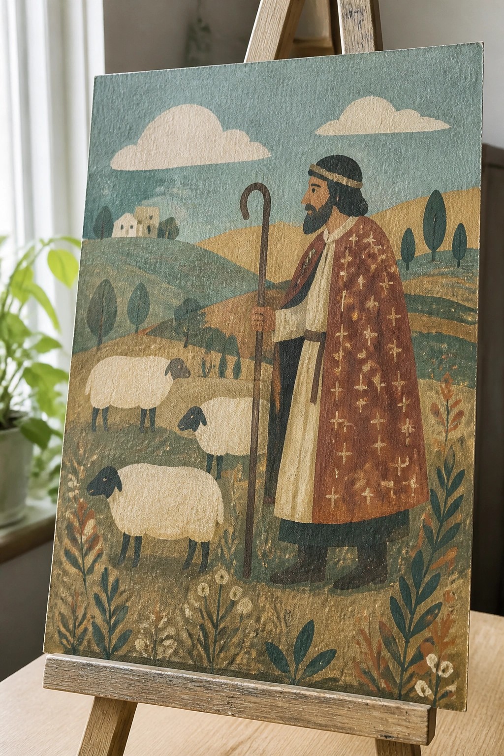 Folk painting of bearded shepherd in red patterned cloak with staff amid sheep.