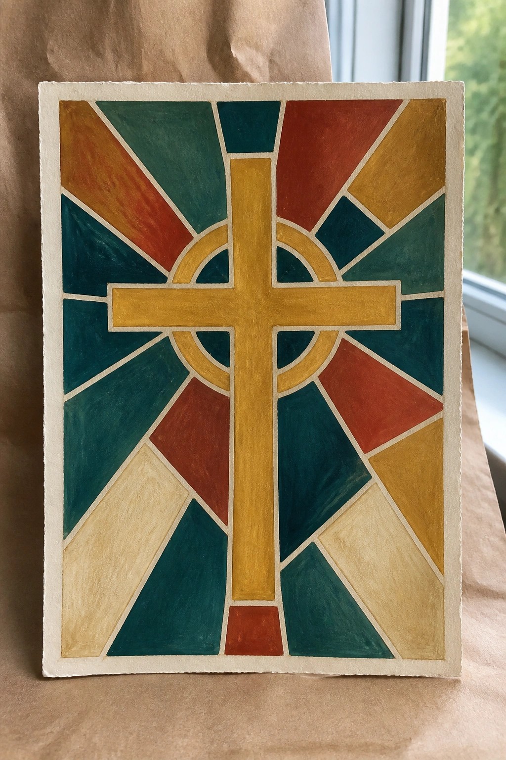 Yellow cross centered amid vibrant geometric triangles in teal, red, orange, and gold.