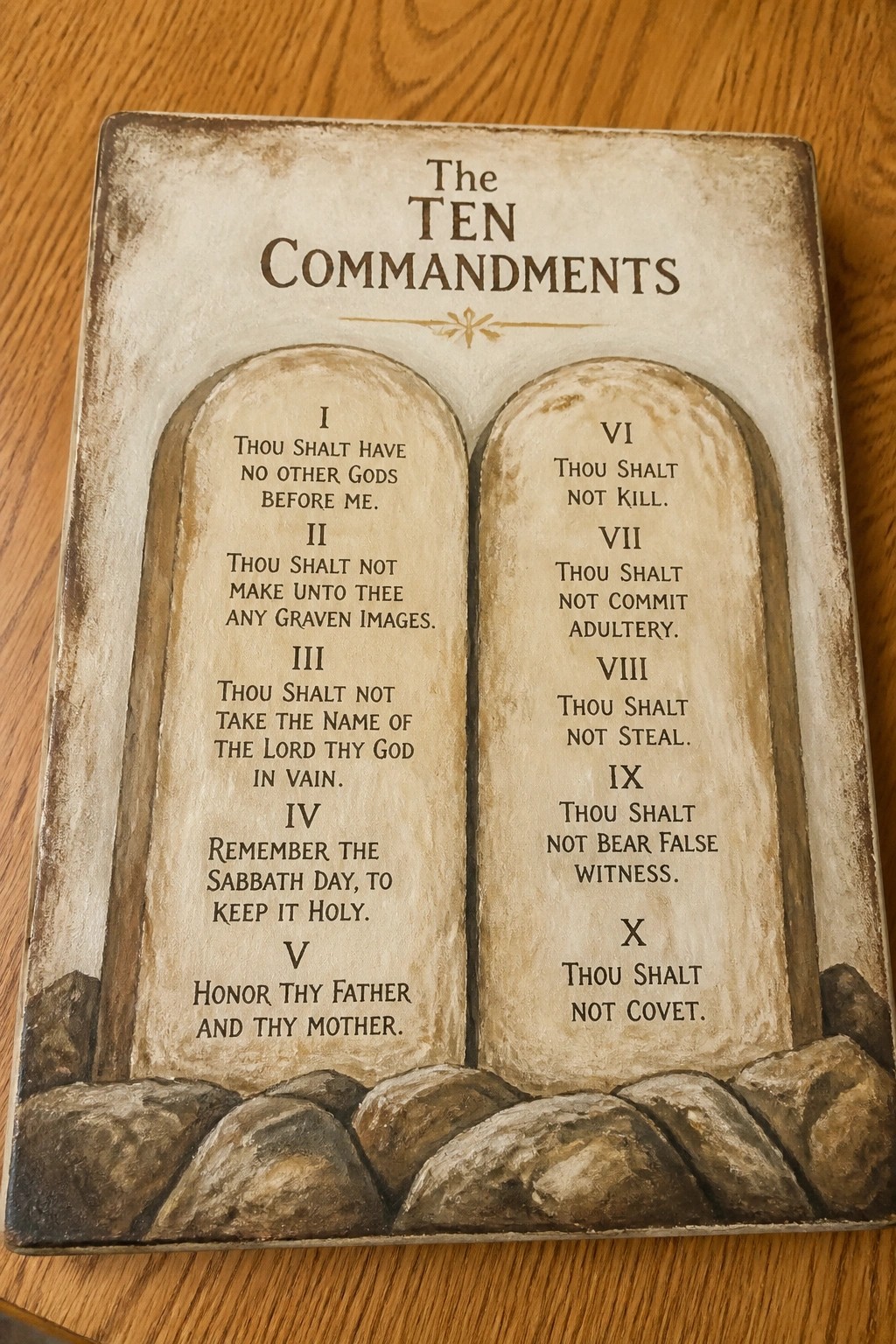 Weathered beige plaque displaying Ten Commandments on two stone tablets on wood.