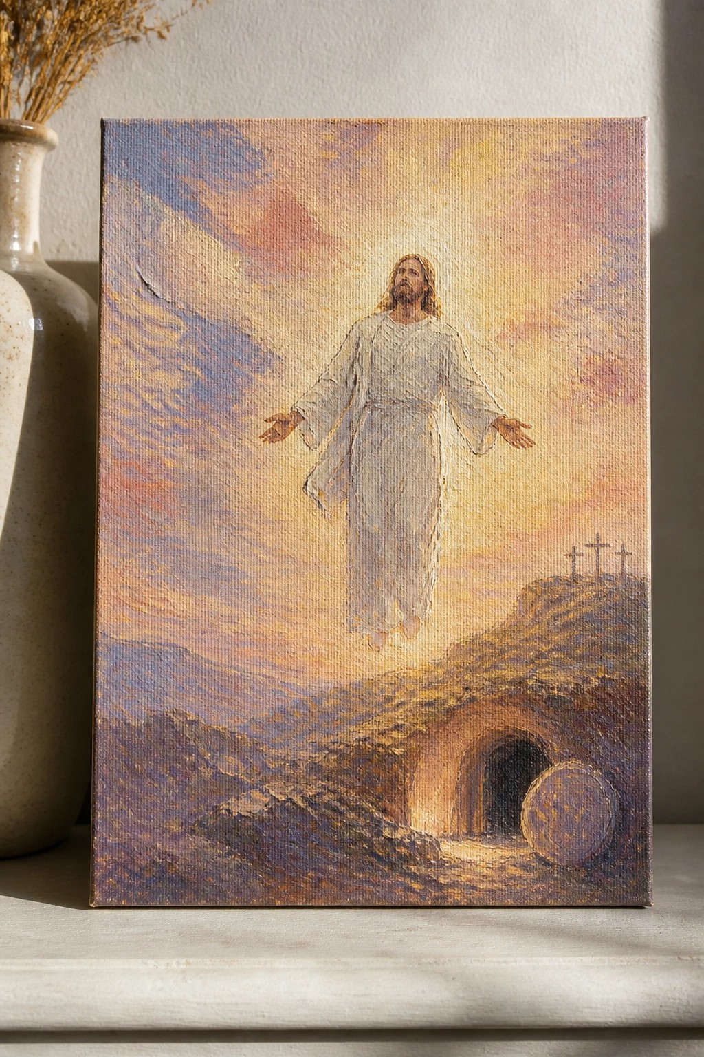 Jesus in white robes ascends above empty tomb and three crosses under colorful sky