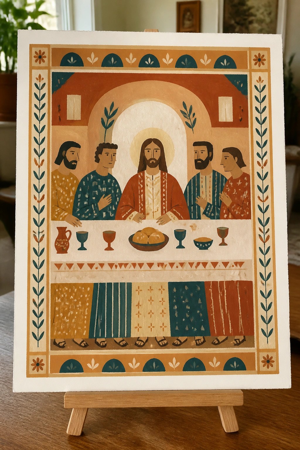 Folk-art Last Supper with Jesus haloed at table amid patterned robes, bread, and goblets.