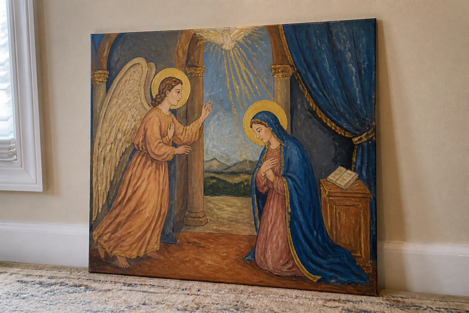 Classical painting of red-robed angel facing blue-cloaked Mary with dove and golden rays.