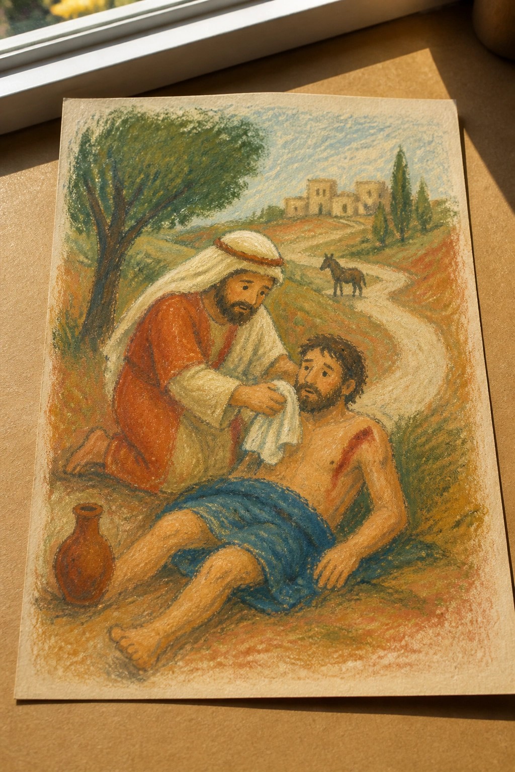 Red-robed man tends to wounded traveler on path near donkey and clay jar